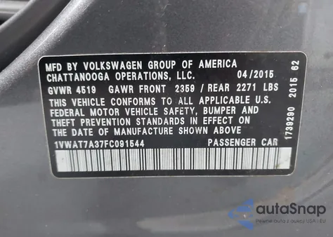 2015 Volkswagen Passat 1.8T S z USA, uszkodzony, nr VIN 1VWAT7A37FC091544